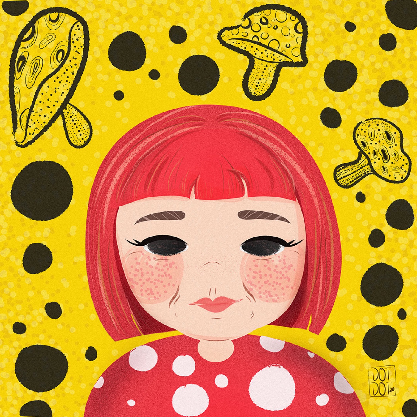 Character illustration inspired by Yayoi Kusama.