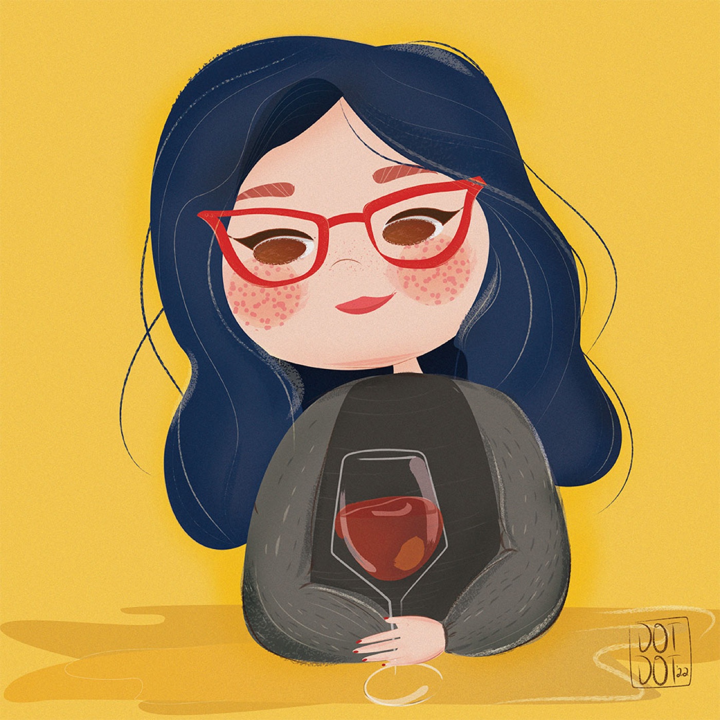 Character illustration of a woman with blue hair and red glasses.