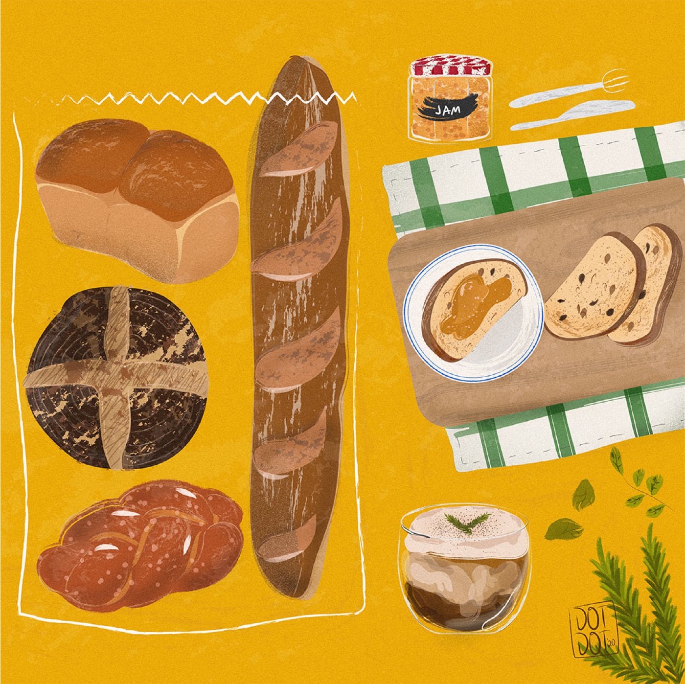 Yellow illustrated collection of breads and baked goods.