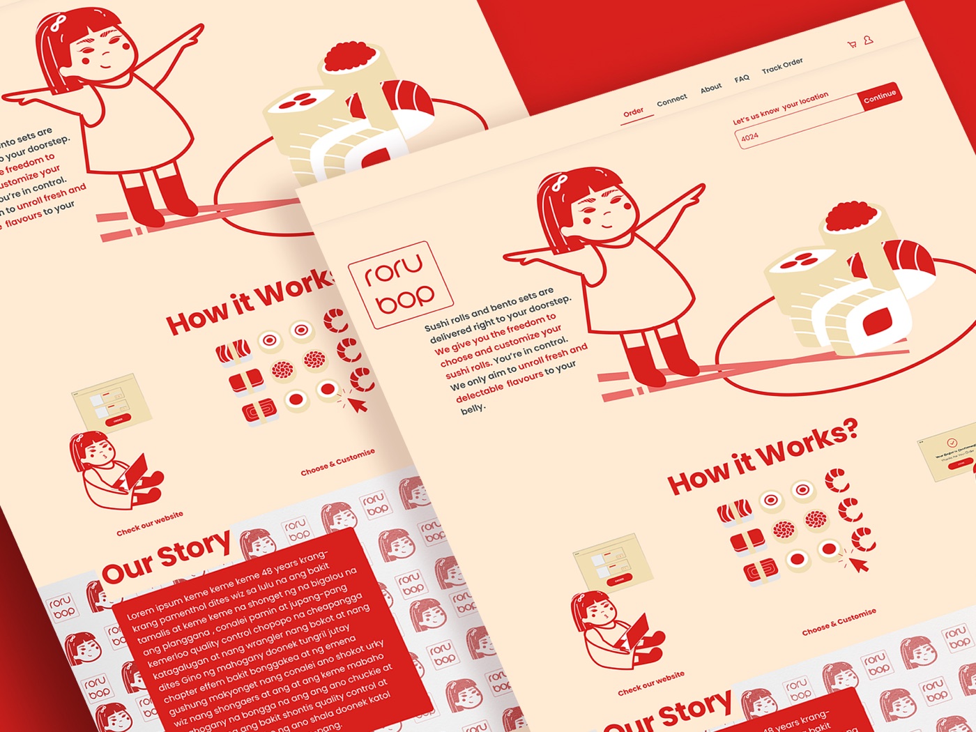 Rorubop brand collateral and illustrated website design.