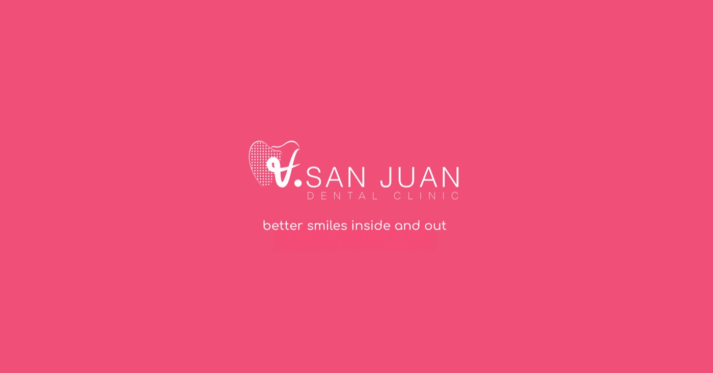 V. San Juan Dental Clinic identity on a pink background.