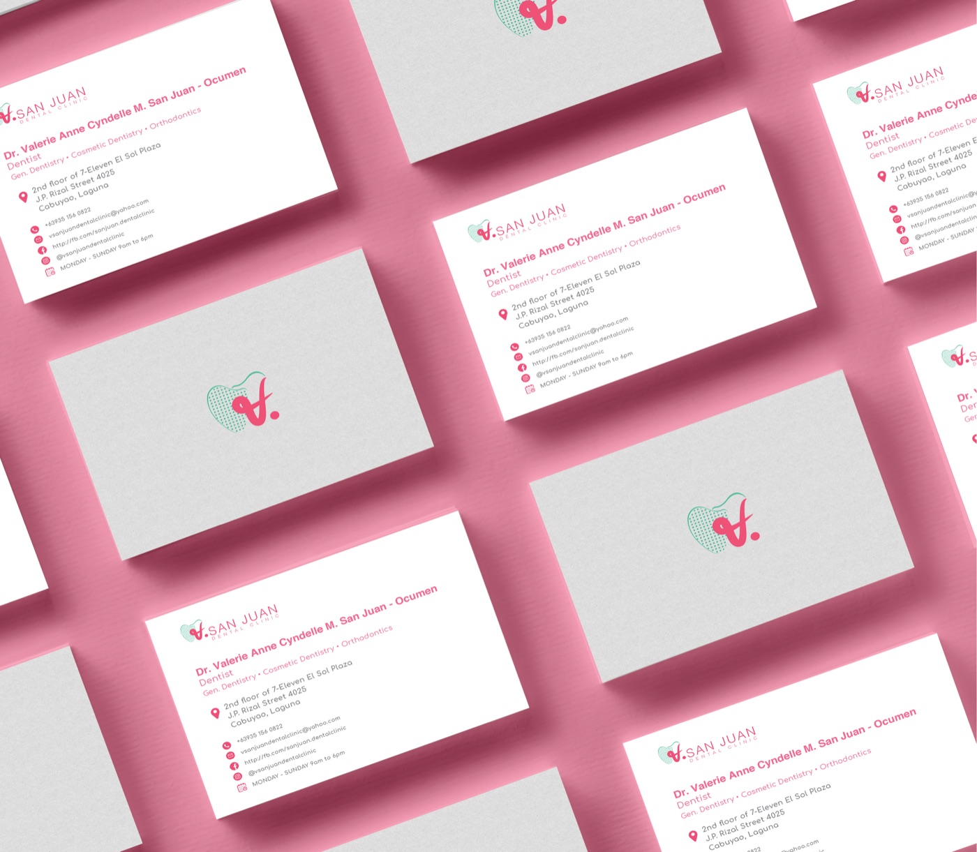 V. San Juan Dental Clinic stationery and business cards.