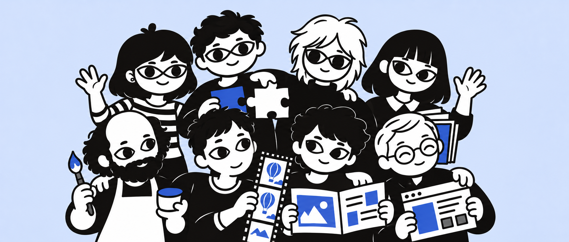 Pinky and her seven AI agents together in a group portrait.