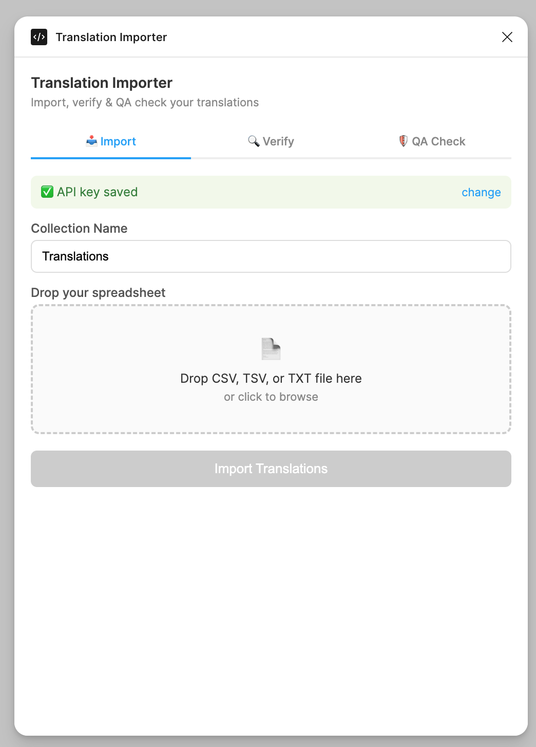Translation Importer in Figma, showing the CSV, TSV or TXT import area.