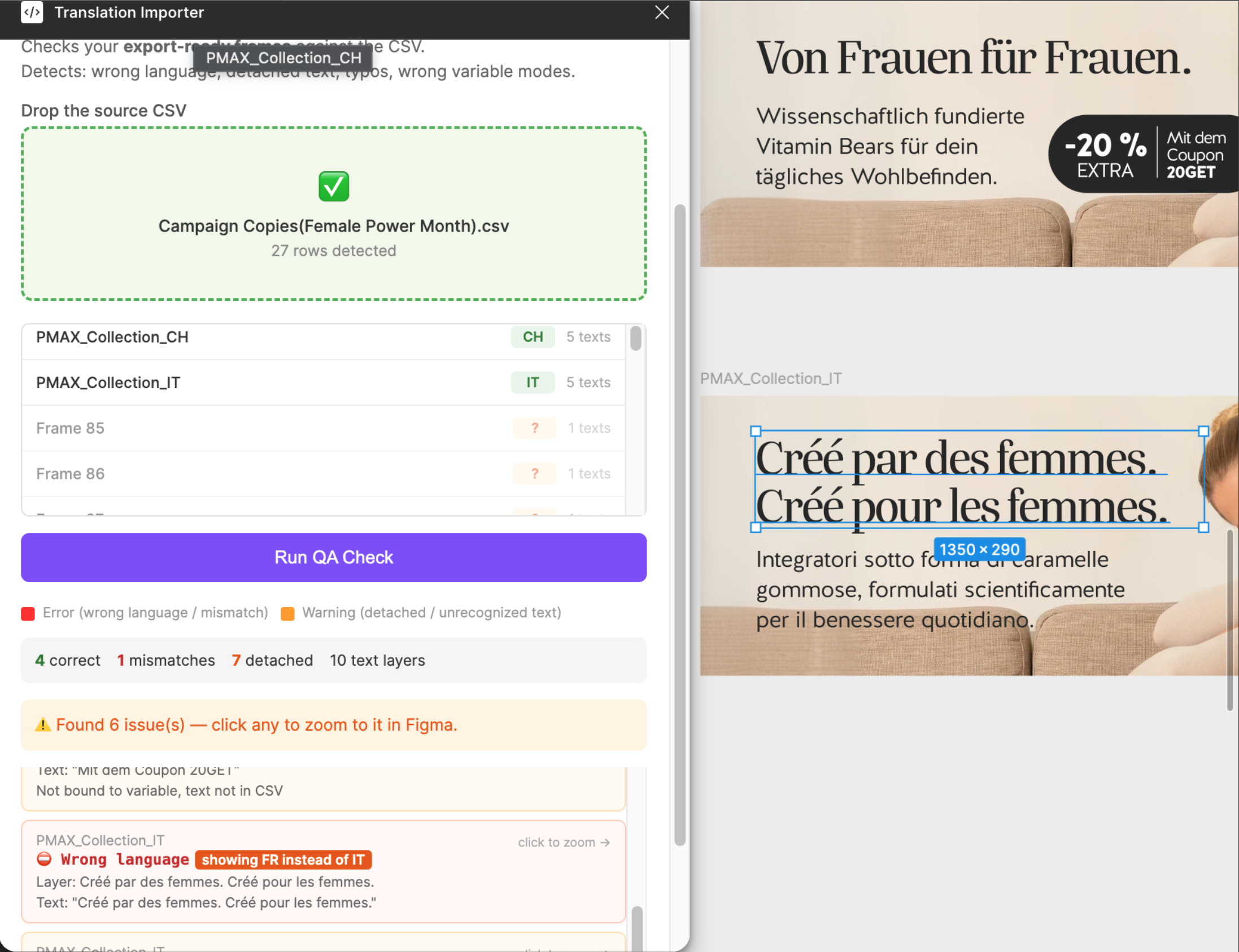 Translation Importer QA result showing French copy flagged in the Italian PMAX collection banner.