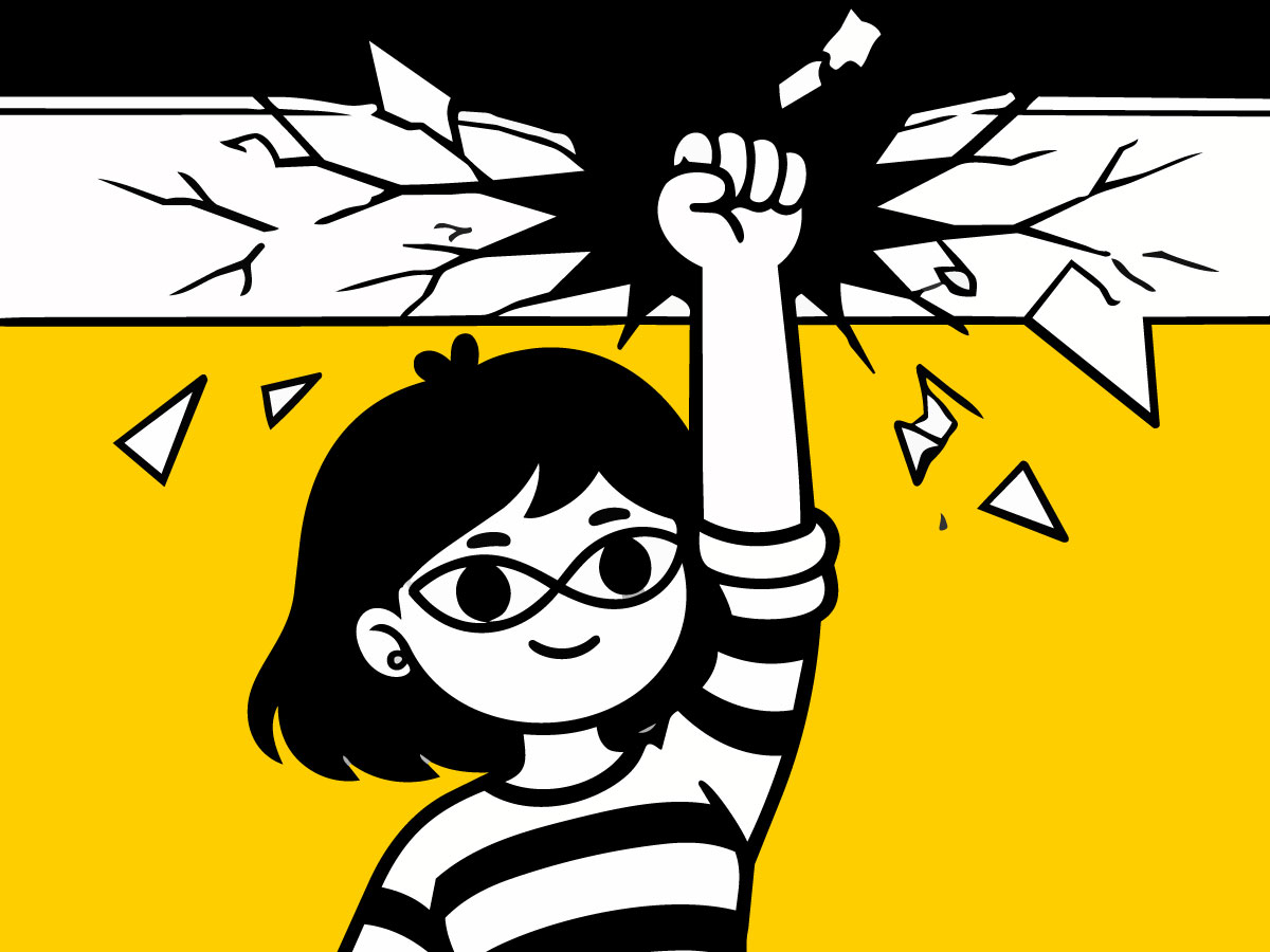 Black-and-white illustration of a woman breaking through a ceiling against a yellow background.
