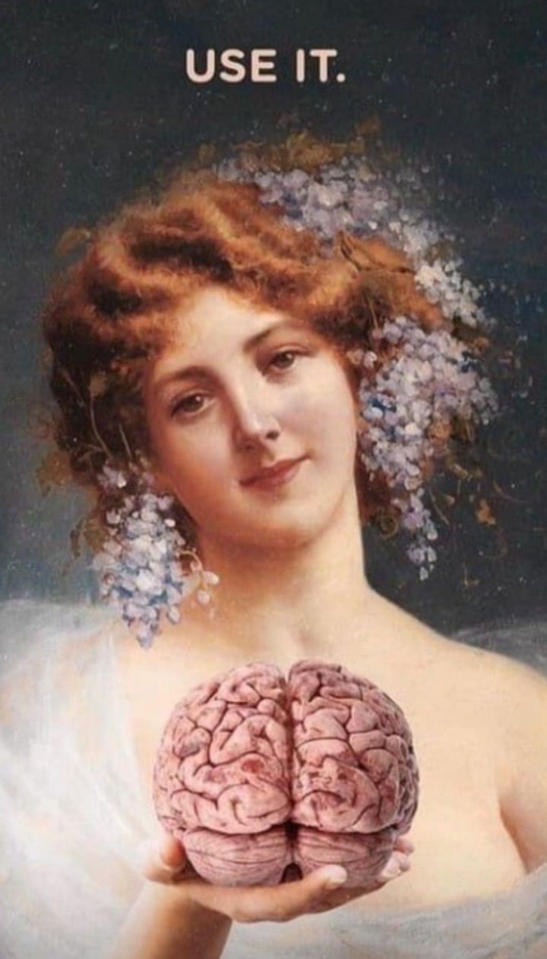 Vintage-style woman holding a brain beneath the words Use It.