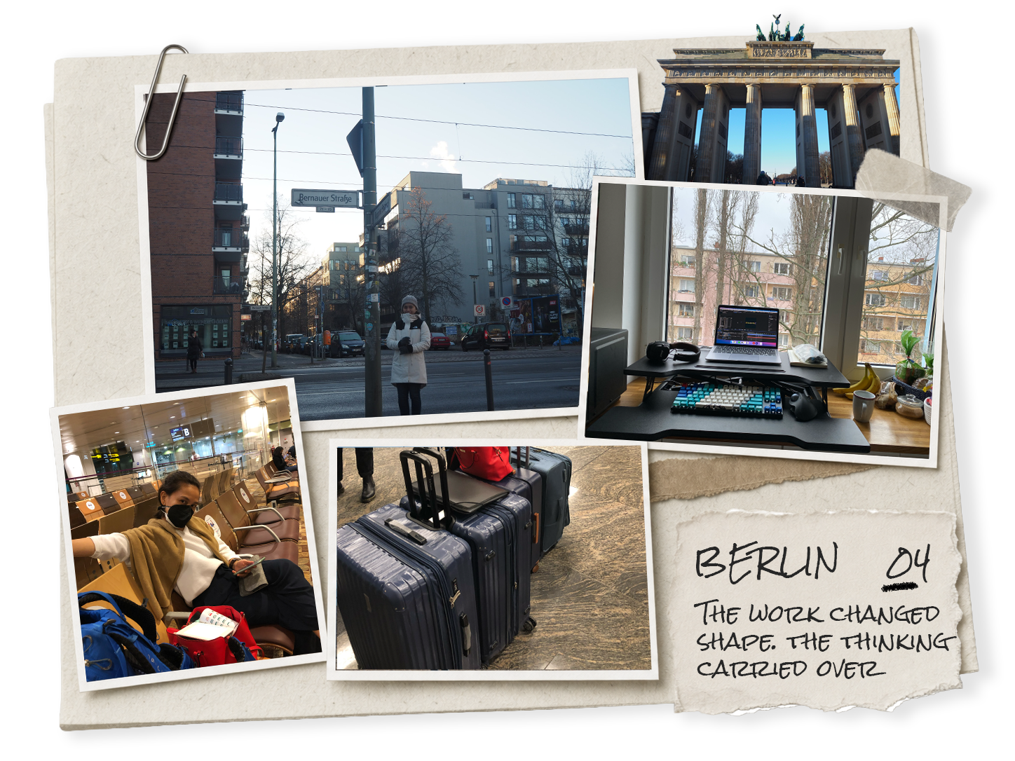 Scrapbook collage of four original photographs from Pinky's move to Berlin with a handwritten Berlin chapter note