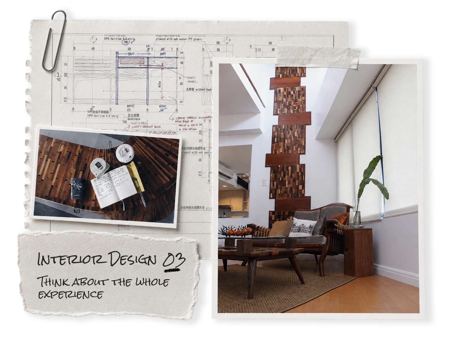 Scrapbook collage of Pinky's original interior drawing, worktable, and finished-space photographs with a handwritten interior-design chapter note