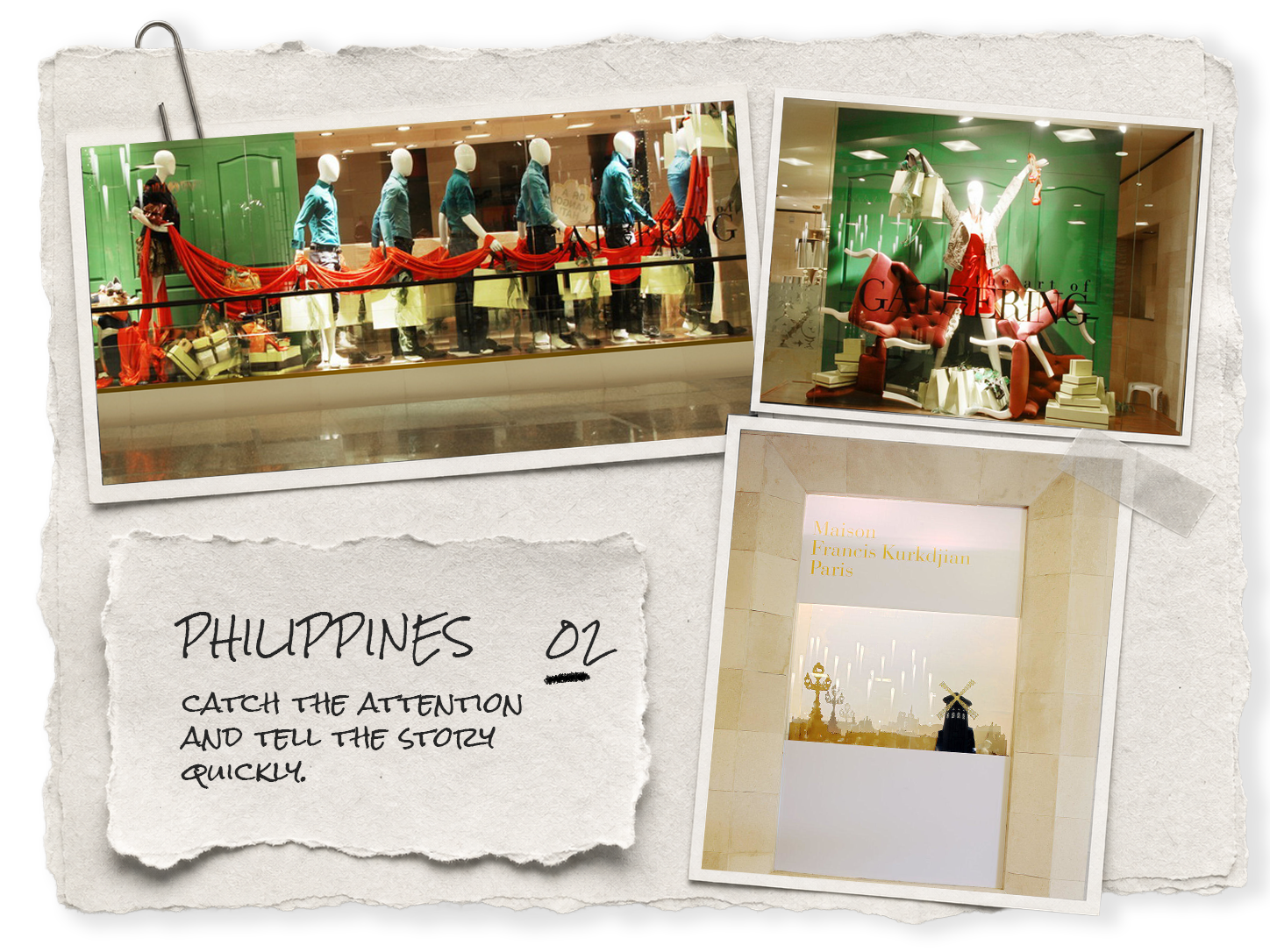 Scrapbook collage of three original visual-merchandising photographs with a handwritten Philippines chapter note