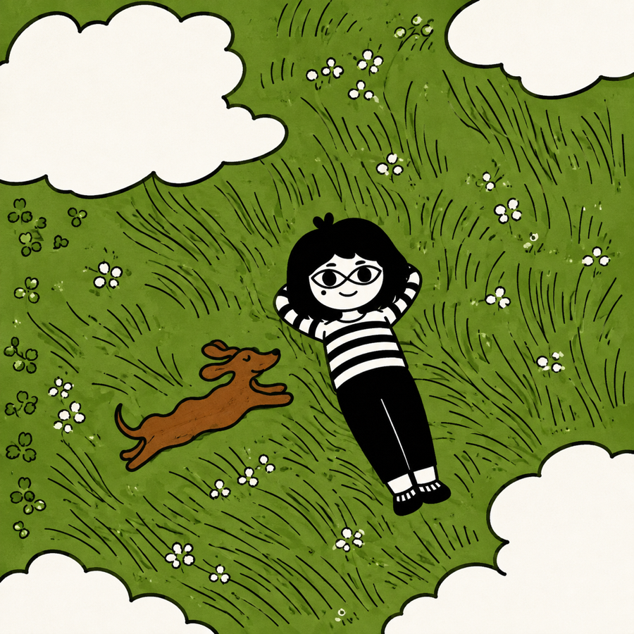 Illustration of Pinky lying in a grassy field with a dog nearby.
