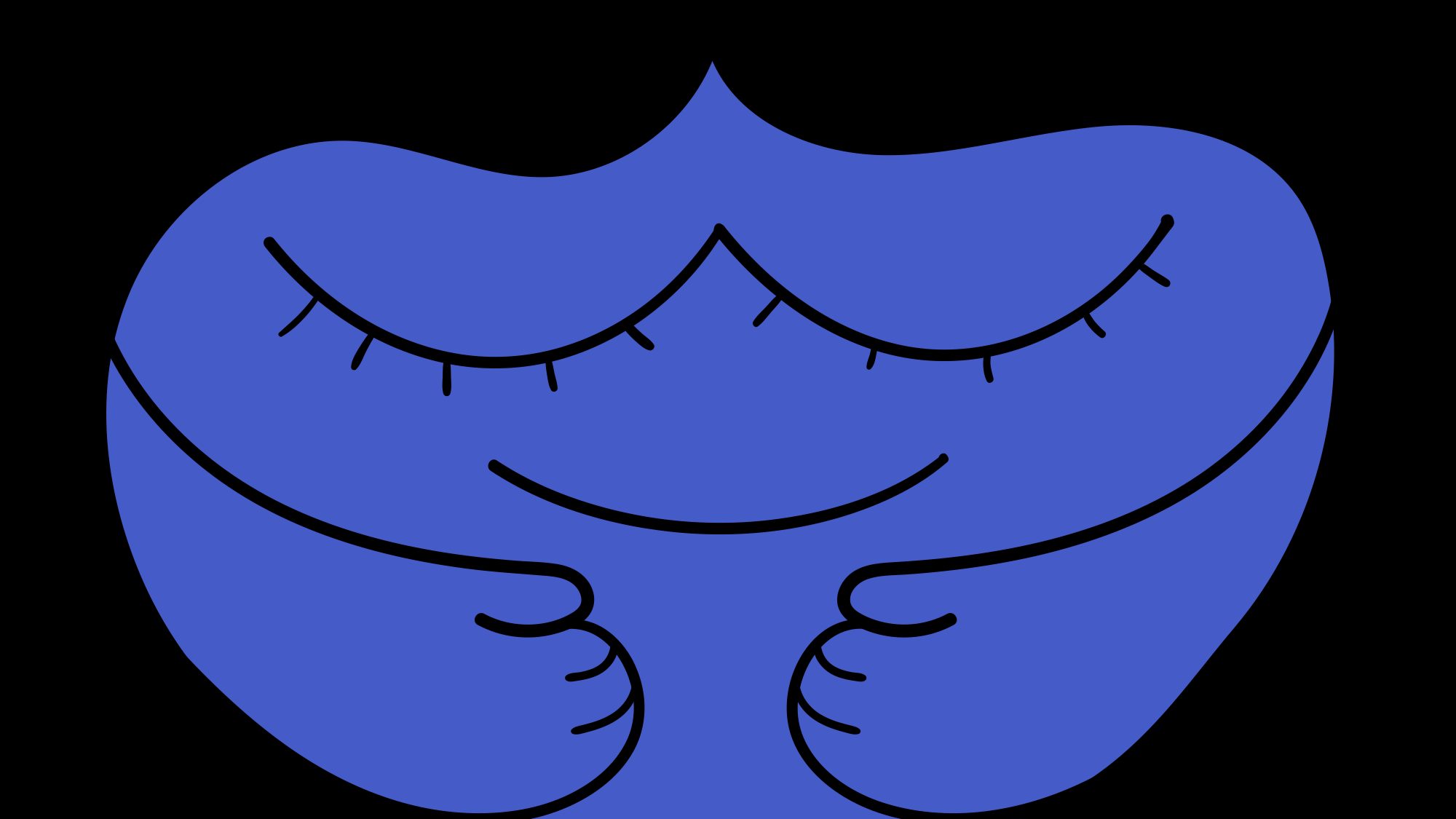 A blue illustrated character with closed eyes and a wide, calm smile.